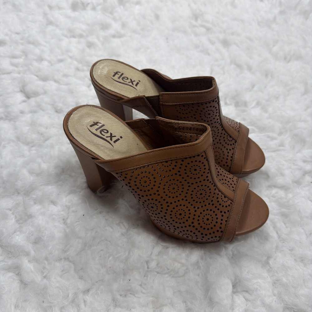 FLEXI Tan Leather Block Heel Platform Peep Toe Slip-on Slide Mules Women's Sz 6